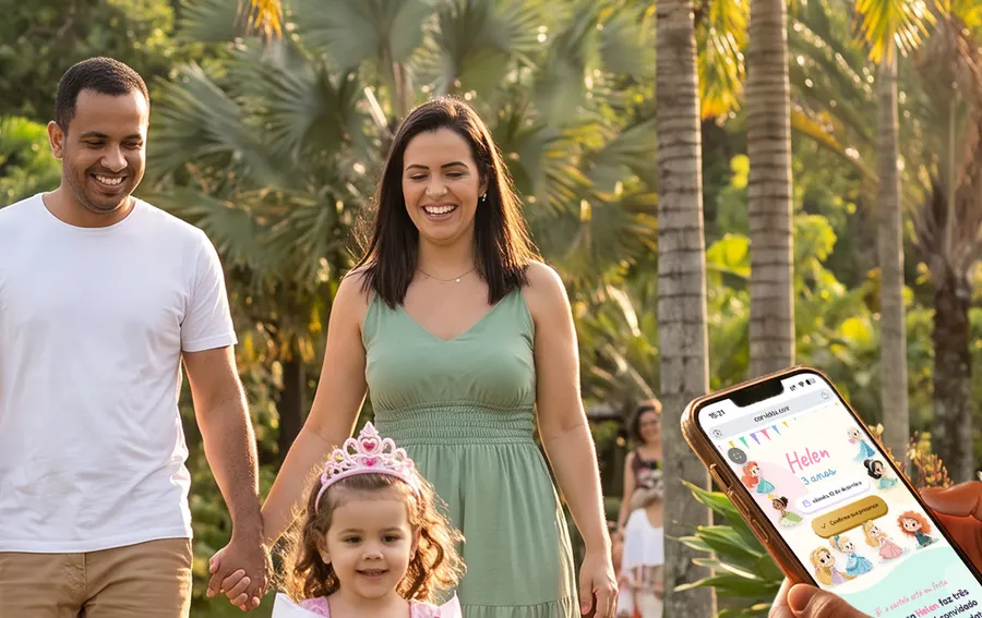 Família chegando à festa com o convite no celular